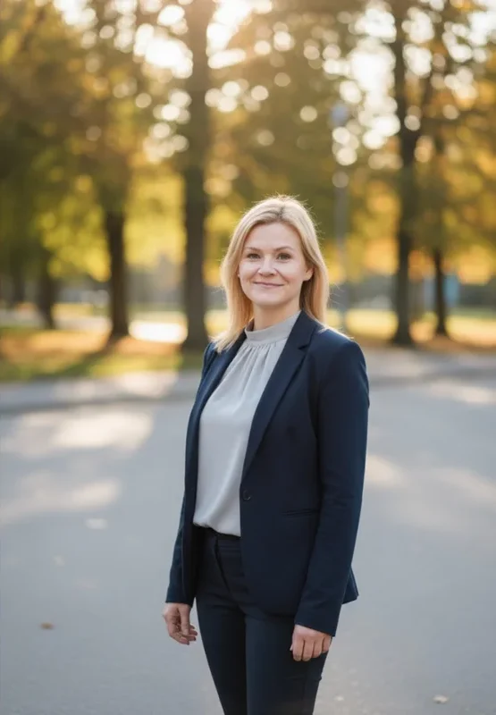 Michaela Jandorová v tmavém saku v parku